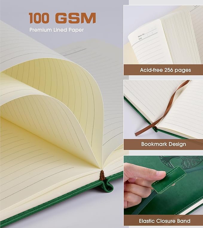 Lined Journal Notebook for Women Men,256 Pages A4 Large Hardcover Leather Journals for Writing,Travel,Business,Work,School,College Ruled Notebooks for Note Taking,Diary Notepad 8.6"×11" (Green)