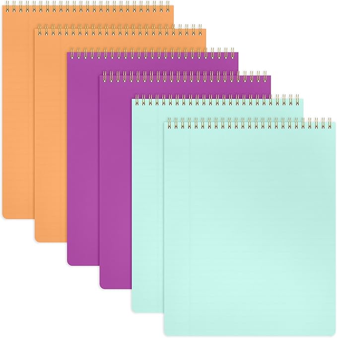 PAPERAGE Top Bound Spiral Notebook, 6 Pack, Lined Notepad, (Raspberry/Marigold/Mint), 70 Sheets (140 Pages) Per Notebook, Wide/Legal Ruled, 8.5 inches x 11 inches