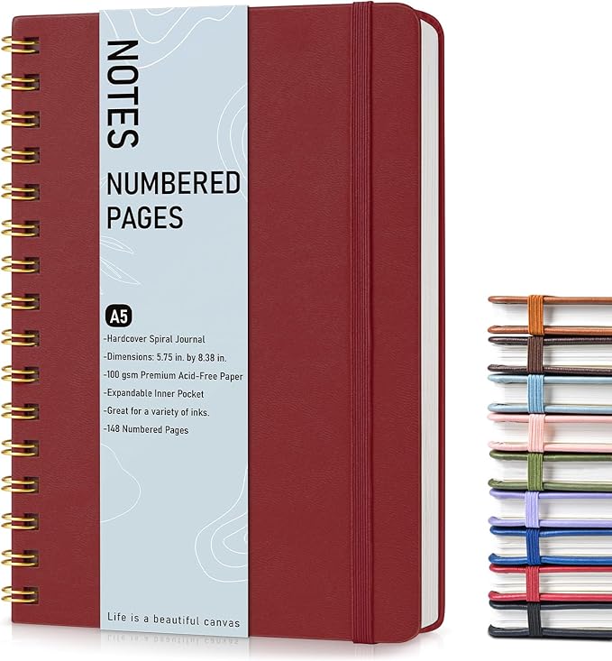 Lined Spiral Journal Notebook, A5 Hardcover Spiral Journals for Women Men, 150 Numbered Pages Spiral Bound Notebook, 100 GSM College Ruled Notebooks for Writing Note Taking 5.75" x 8.38", Wine Red