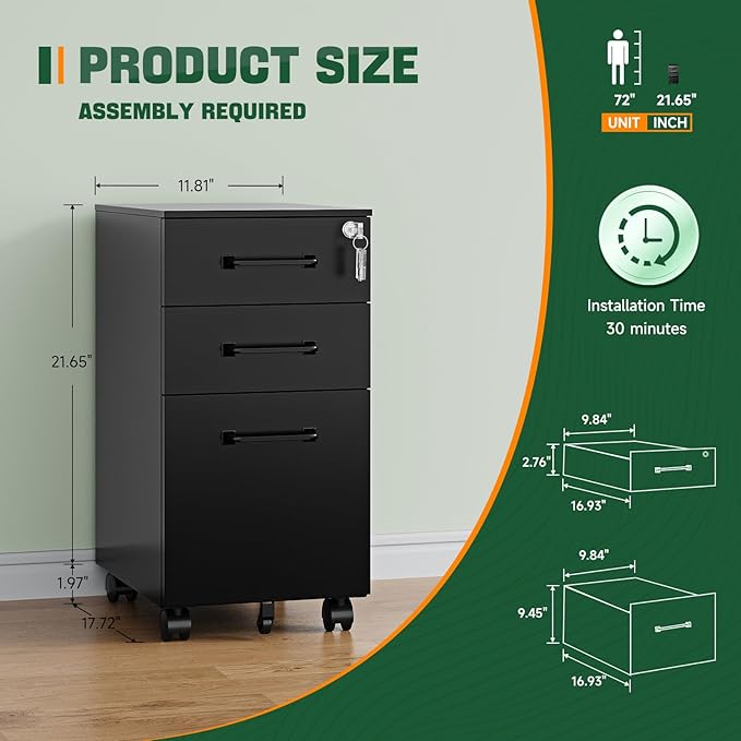 Letaya 3 Drawer Mobile File Cabinet with Lock,Under Desk Metal Filing Cabinets for Home Office Organizer,Small Rolling Printer Stand with Wheels,for Letters/Legal/A4(Assembly Required) (Black)