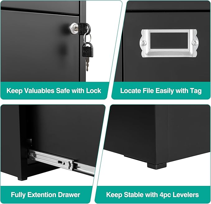 SISESOL 2 Drawer File Cabinet with Lock,Narrow Vertical Filing Cabinet,Under Desk File Cabinets,Black Metal File Cabinets for Home Office,Fit Letter/A4/Legal Size File,Easy Assembly