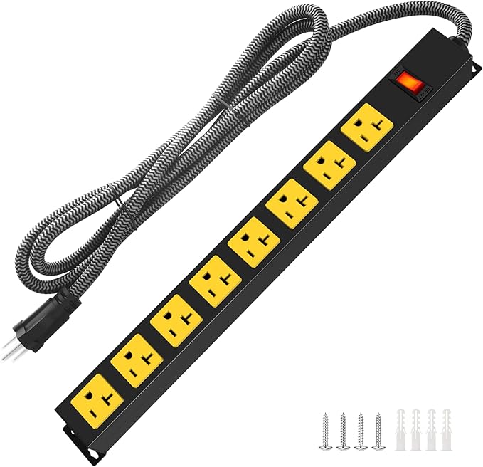 20Amp Power Strip Surge Protector, Durable Metal 8-Outlets with Heavy Duty 20 amp 15Ft 12 Gauge Extension Cord for Garage Workshop & Industrial Use, 1200J