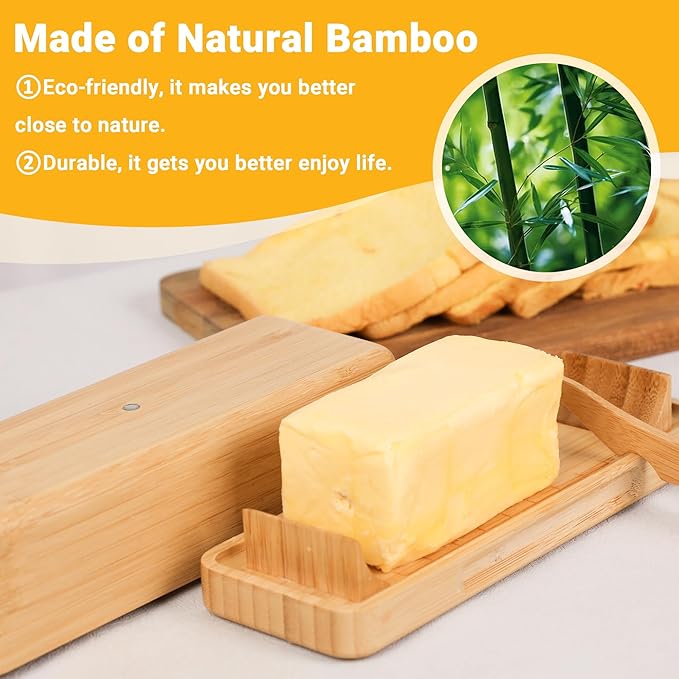 Bamboo Butter Dish with Lid for Countertop Butter Container for Fridge Magnetic Butter Holder with Knife for East and West Coast Butter By beardo decor