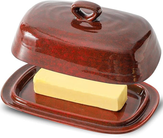 Hasense Butter Dish with Lid for Countertop, Ceramic Butter Tray with Handle, Large Butter Keeper Holder for West East Coast Butter, Modern Kitchen Christmas Decor, New Year, Thanksgiving Gift, Red