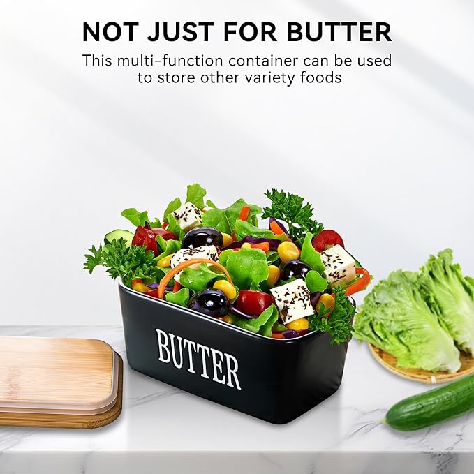HOOMIL Ceramic Butter Dish with Lid - 650ml Large Capacity Airtight Butter Keeper Container Includes Butter Knife, Durable Stoneware Countertop Storage - Black