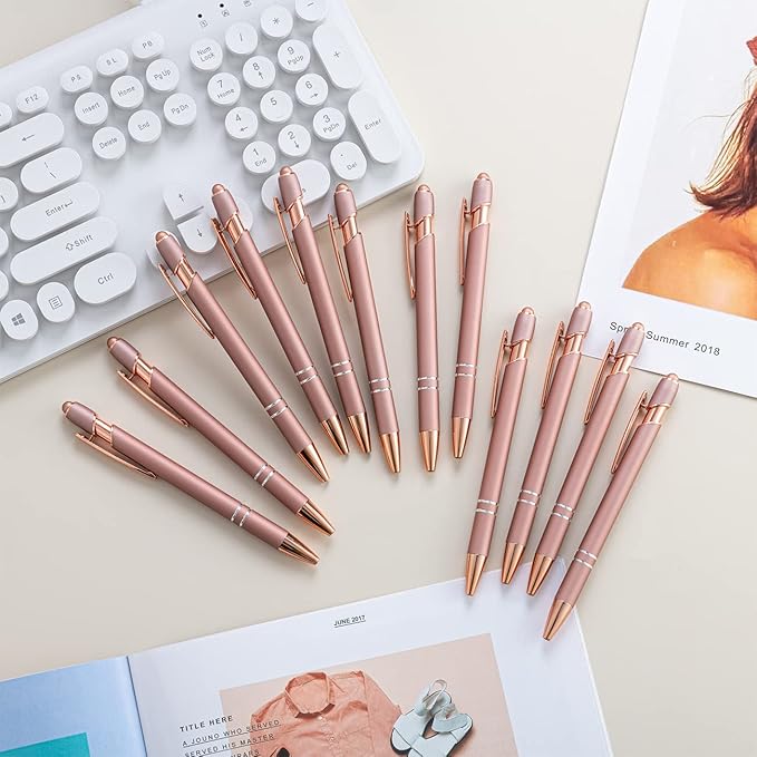 PASISIBICK 12 Pieces Rose Gold Ballpoint Pen with Stylus Tip, 2 in 1 Rose Gold Stylus Pens Stylish Pen, Metal Stylus Pen for Touch Screens, 1.0 mm Black Ink(Pack of 12)