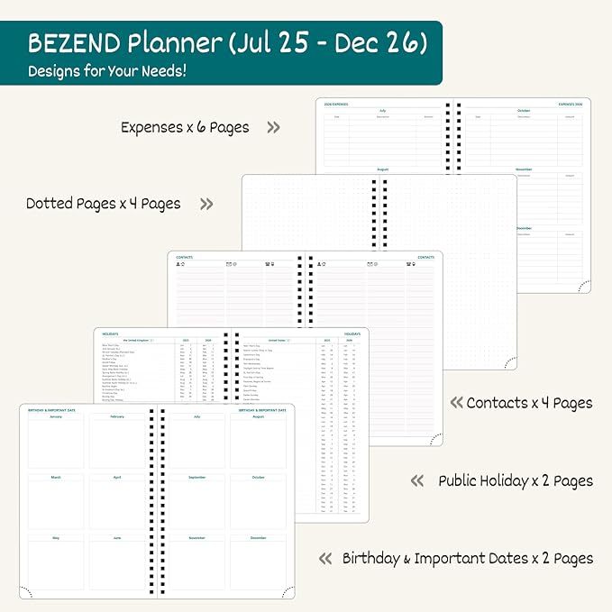 BEZEND Weekly Planner 2025-2026 with 2 Columns, 5.8" x 8.5" Academic Calendar 18 Months (Jul 25-Dec 26) Life Work Appointment Book with Monthly Tab, PU Leather Softcover Spiral - Fruit Green