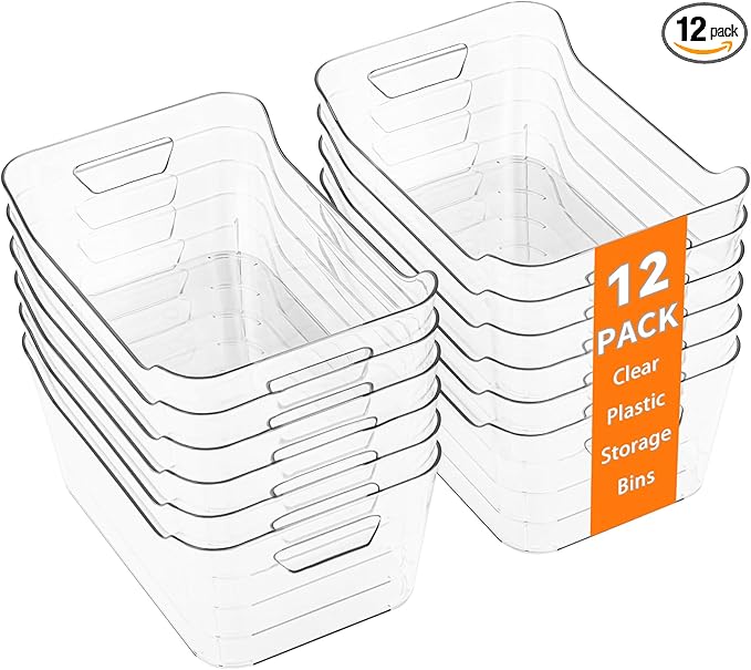 12 Pack Clear Plastic Storage Bins, Pantry Organizers and Storage, Clear Pantry Organizer Bins, Plastic Containers with Handle for Kitchen,Freezer,Cabinet,Closet,Bathroom Under Sink Storage