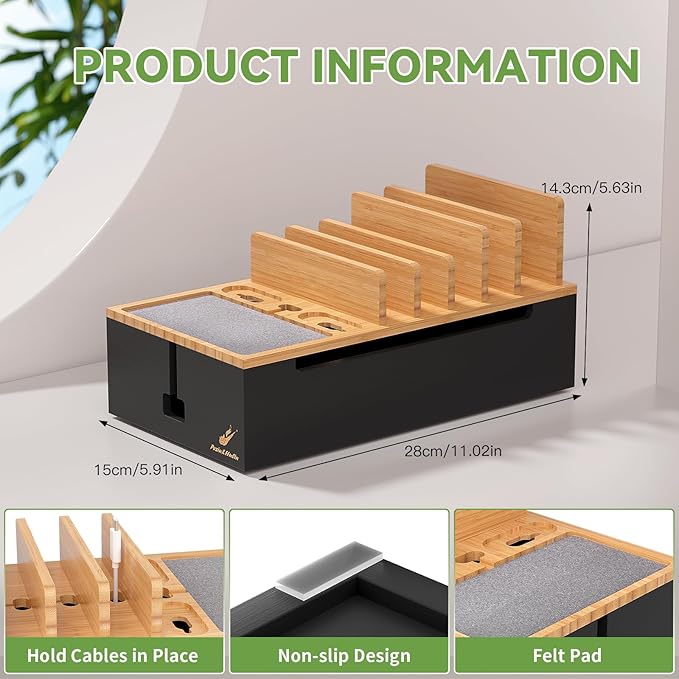 Pezin & Hulin Cable Management Box, Docking Station for Multi Devices, with 5 Ports Charge Adapter and 6 Cables, Wire Organizer for Cords, Box to Hide Cords and Storage Power Strip -Natural + Black