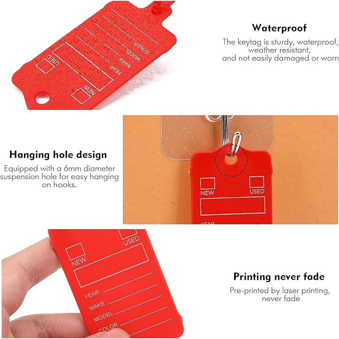 200 Car Key Tags with Labels Plastic Car Dealership Key Tags Self Locking Automotive Identifiers Blank Shop Labels with One Pen (Red)