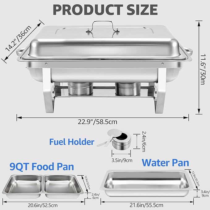 6 pack Chafing Dishes for Buffet of Stainless Steel Food Warmers 9 QT Chafers and Buffet Warmers Sets Commercial Catering Chafers, 12 Pans（full size+ 1/2 size+ 1/3 size)