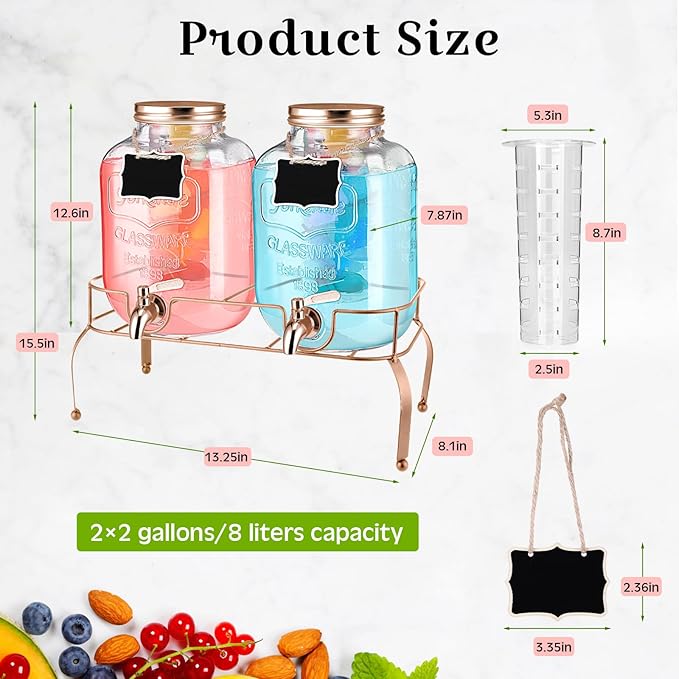 Lallisa 2 Pcs 2 Gallon Glass Drink Dispenser with Stand Ice Cylinder Hanging Chalkboard Signs 18/8 Stainless Steel Spigot Beverage Dispensers for Parties Mason Jar Drink Lemonade (Rose Gold)