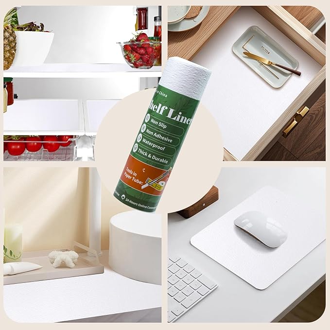 Shelf Liners for Kitchen Cabinets 12in x 39.37FT Non Adhesive Drawer Liner Pure White Thickened Shelf Liner Strong Non-Slip Easy to Clean for Tool Box Refrigerator with Knife and Tape Measure