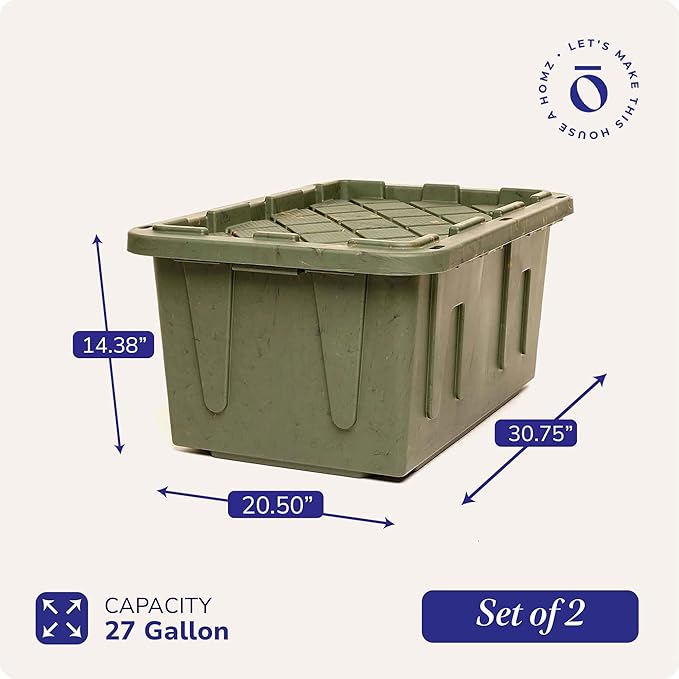 HOMZ 2-Pack Durabilt Tote, Heavy Duty Plastic Storage Bins with Lids, 27 Gallon, Green Camo - Stackable Organizing Containers for Home, Garage, and Office