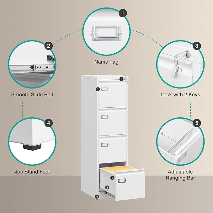 SISESOL 4 Drawer File Cabinet with Lock and Tag,White Vertical File Cabinet,Narrow Locking Filing Cabinets with Drawers,Metal Filing Storage for Home Office Fit A4 Legal/Letter Size,-Assembly Required