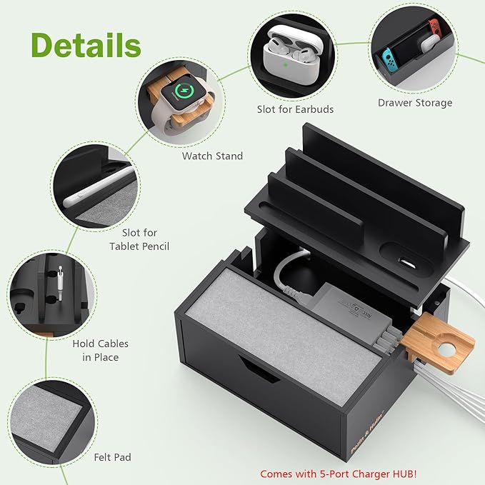 Pezin & Hulin Bamboo Charging Station for Multi Device with 5 USB Charger HUB, Phone Docking Station with Lined Tray & Drawer(Include 5 Charger Cables)-Black