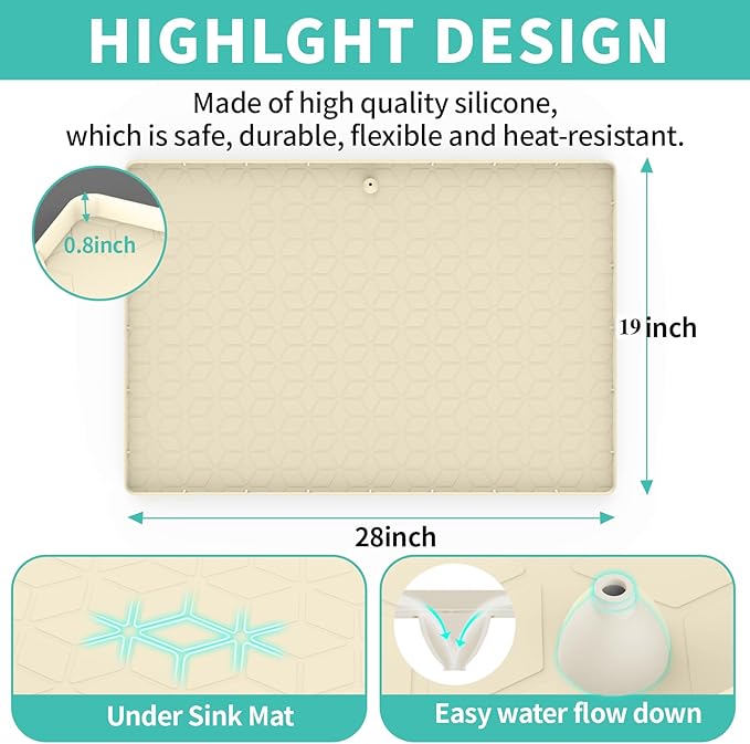 Under Sink Mat for Kitchen Silicone Waterproof Under Sink Liner, Flexible Sink Cabinet Organizer Tray with Drain Hole, Hold up to 3.3 Gallons Liquid, Easy to Clean