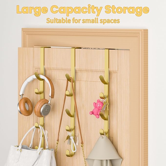 Over The Door Hooks, Metal Door Hooks for Hanging, Over The Door Purse Organizer for Door Coat Hanger, Back of Shower for Hanging Towel Rack Clothes, Hat, Bathroom, Closet (Gold-3Packs)