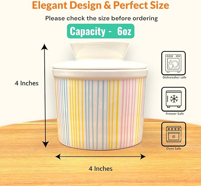 Butter Crock with Lid for Countertop, Butter Keeper Crock with Water, French Butter Dish Ceramic, Butter Holder with Lid for Spreadable Butter, Butter Container for Counter (Pastel Stripes, white)