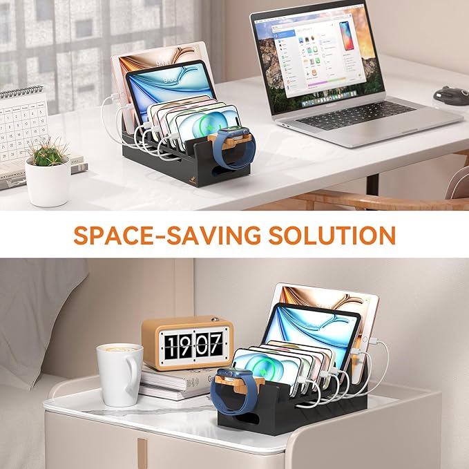 Pezin & Hulin Bamboo Charging Station with Watch Stand, Docking Holder for Multi Device with 5 Charge Cables, Desktop Dock Stations Electronic Organizer for Cellphone, Tablet, Watch-Black