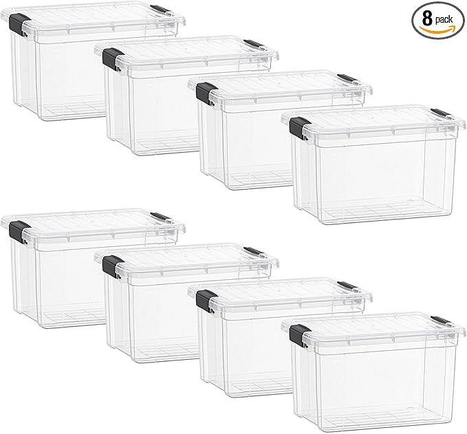 Superio Clear Storage Boxes with Lids, 49 Quart Plastic Container Bins for Organizing, Stackable Crates, BPA Free, Non Toxic, Odor Free, Organizers for Home, Office and Dorm, 8 Pack