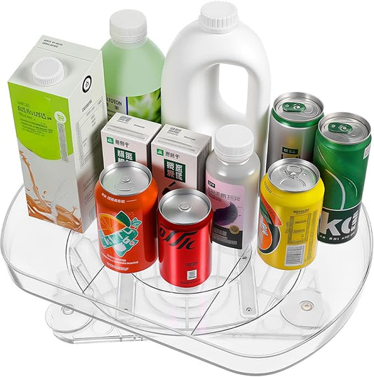 Lazy Susan Turntable for Refrigerator, 15"x11" Rotating Spice Rack Organizer 360°Clear PET Organizer Storage Tray Cabinet, Pantry Countertop with Suction Cups Large Rectangular Fridge Shelf