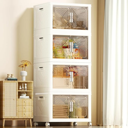 Storage Bins with Lid 48QT, Stackable Storage Containers with Wheels and Magnetic Doors, Plastic Clothes Closet Organizers and Storage Box for Home and Office (4 Pack)