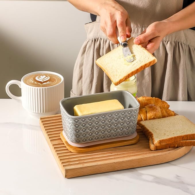 Hasense Ceramic Butter Dish with Wooden Lid, Large Butter Container for Countertop Airtight Butter Stick Covered Keeper,Grey Embossed Pattern,Easy Clean Dishwasher Safe