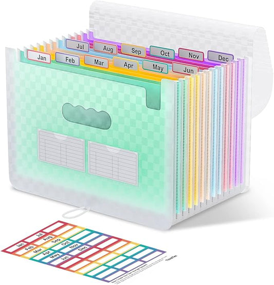 ThinkTex Accordion File Organizer, 12 - Pocket Expanding File Folders for Paper Receipts, Bills&Taxes Organizer, Letter/A4 Size Document Holder for School, Office, Home with Colorful tabs - Green