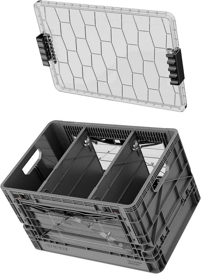 SIDIO Full-Size Collapsible Crate - Heavy Duty Stackable Storage Bin with Lid & 2 Short-Ways Dividers, Durable Plastic Organizer for Home, Office, Garage & Outdoor Use (Gray)