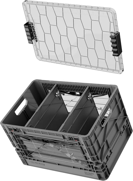 SIDIO Full-Size Collapsible Crate - Heavy Duty Stackable Storage Bin with Lid & 2 Short-Ways Dividers, Durable Plastic Organizer for Home, Office, Garage & Outdoor Use (Gray)