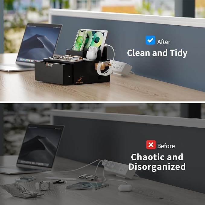 Pezin & Hulin Bamboo Charging Station for Multi Device, with Power Charger & Cables, Nightstand Docking Station with Lined Tray & Drawer, Compatible with Tablet, Cell Phones-Black