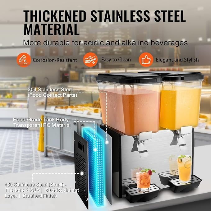 VEVOR Commercial Beverage Dispenser, 2 Tanks 18 L / 19 QT Per Tank Juice Dispenser, 370W Stainless Steel Ice Tea Drink Machine with 45°F-54°F Cooling Temperature, for Cold Drink Restaurant Bar Party