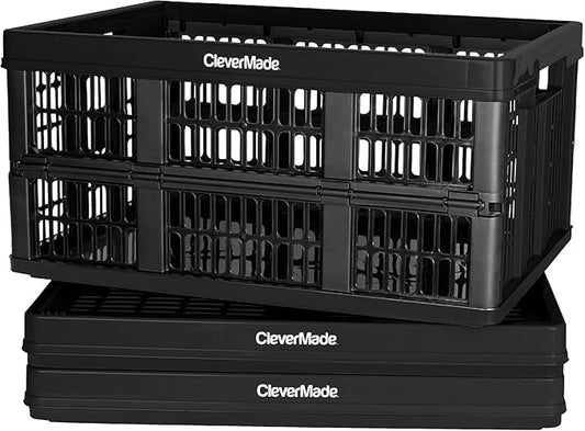 CleverMade Collapsible Utility Crates-Obsidian 3pck 45L / 11 Gal holds 66 lbs - Stackable Containers Heavy Duty Capacity Crates Space-Saving Baskets