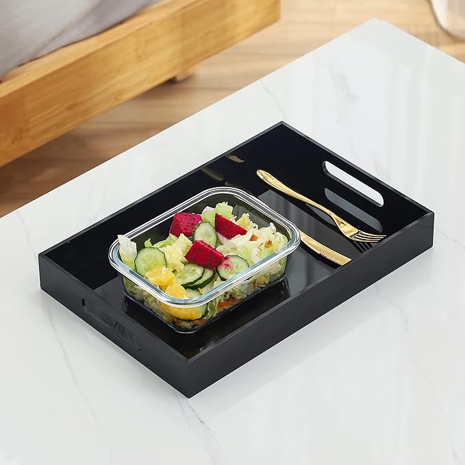 Black Oversize Acrylic Serving Tray with Handles 12x20 Inch -Spill Proof- Decorative Trays Countertop Organizer for Ottoman,Nightstand, Sidetable, Butler (12X20 Inch, Black)