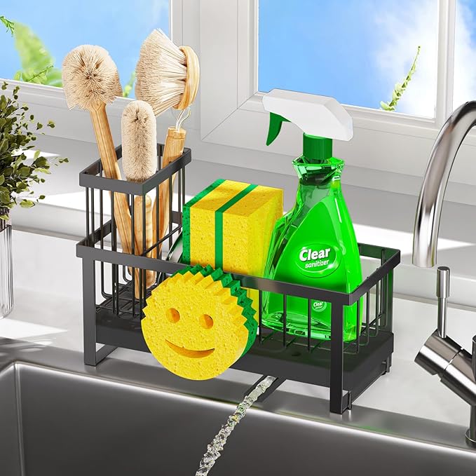 Sponge Holder for Kitchen Sink,Sink Caddy with Removable Dish Brush Holder,Self-Draining Kitchen Countertop Organizers and Storage Essentials,Soap Dispenser Organize and Home Decor-Black