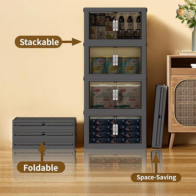 Stackable Storage Bins, Collapsible Stackable Storage Containers Bin with Doors & Wheels, Folding Plastic Closet Foldable Cabinet Storage Boxes for Home, Pantry, Office, (S, Gray 5-Tier)