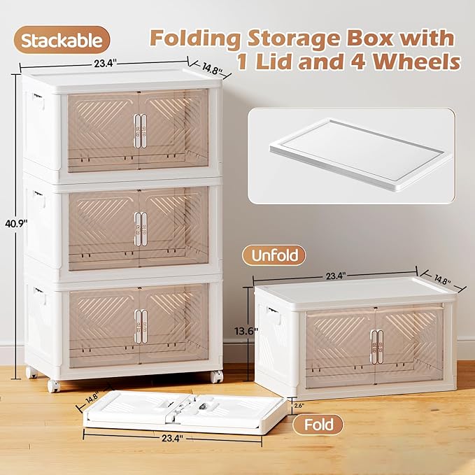 Storage Bins with Lid 76QT, Stackable Storage Containers with Wheels and Magnetic Doors, Plastic Clothes Closet Organizers and Storage Box for Home and Office (3 Pack)