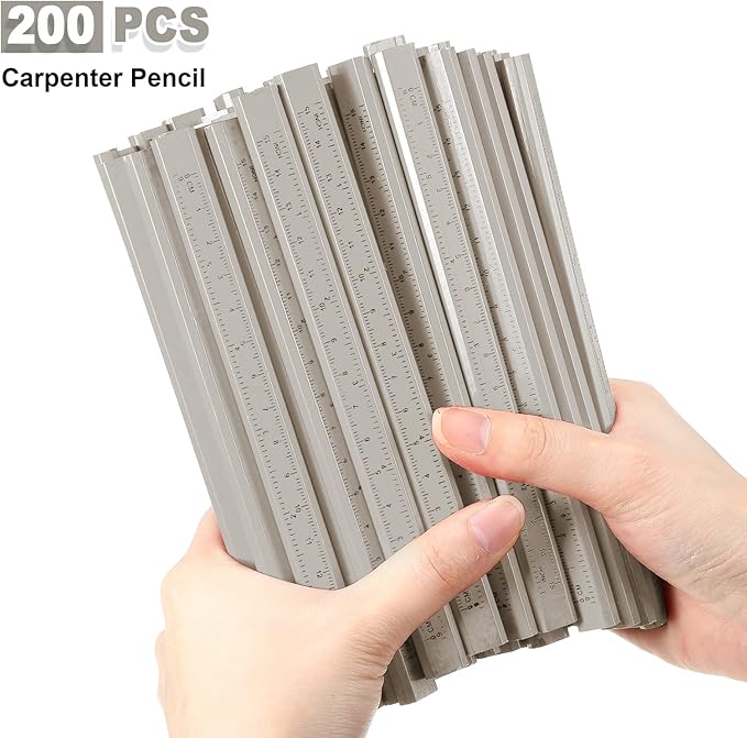 Honoson 200 Pcs Flat Construction Pencils with Printed Ruler Wood Graphite 2 Pcs Carpenter Pencil Sharpener for Woodworking Marking Tool(White)