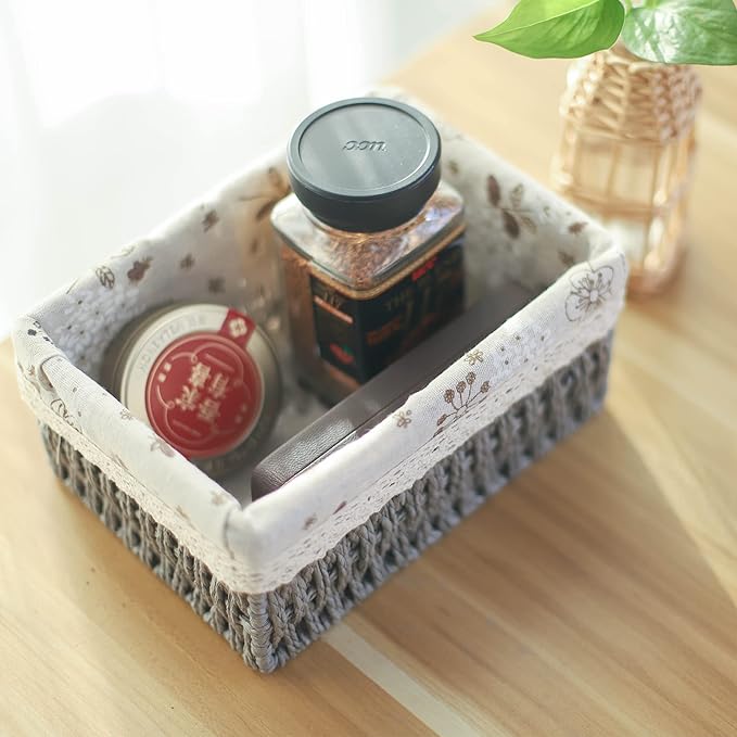 YRMT Macrame Storage Baskets Set of 3 Boho Decor Baskets for Organizing Decorative Paper Rope Woven Storage Basket with Liner Rectangular Empty Gift Basket Countertop Shelves Organizer