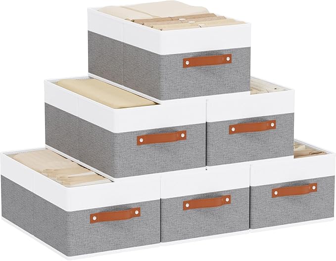 Storage Basket for Shelves, Closet Bin with Handles, 18.5×11×7.9inch Open Foldable Baskets, Fabric Containers Clothes Boxes for Organizing, White and Grey, 6-Pack
