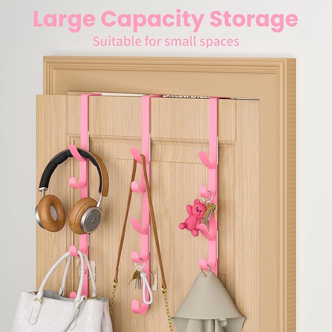 Over The Door Hooks, Metal Door Hooks for Hanging, Over The Door Purse Organizer for Coat Hanger, Back of Shower Door for Hanging Towel Rack Clothes, Hat, Bathroom, Closet (Pink-3Packs)