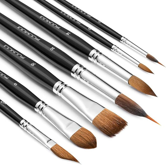 Sable Watercolor Brushes, Fuumuui 7pcs Professional Artist Paint Brushes Set with Extended Needle, Round Point, Flat, Dagger, Cat's Tongue for Watercolor, Acrylic, Gouache – Detail & Wash Painting
