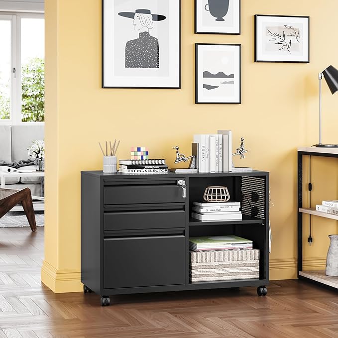 3 Drawer Metal File Cabinet with Lock,Mobile Lateral Filing Cabinet,Printer Stand Storage Cabinets with Shelves for Home Office(Black)