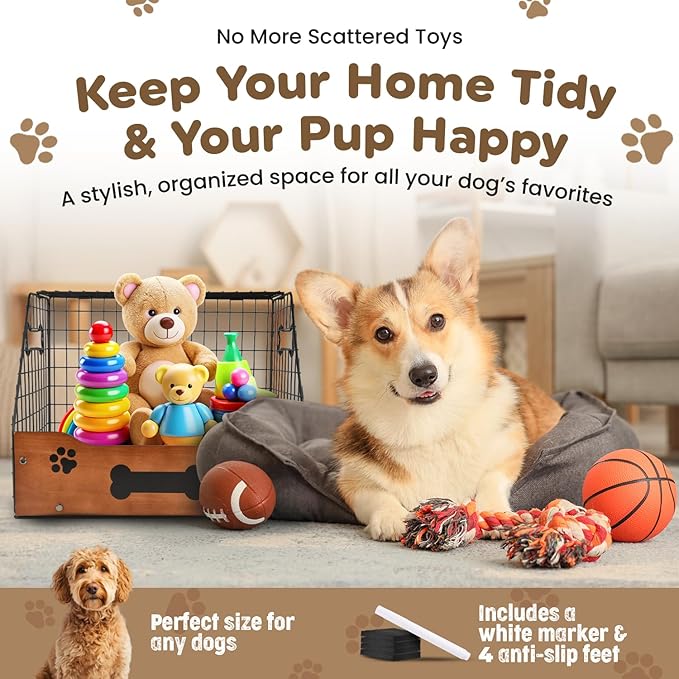 Dog Toy Basket Large – Metal & Wood Dog Toy Bin, Trapezoidal Dog Toy Box with Wide Opening, Farmhouse Dog Toy Storage Organizer for Blankets, Leashes & Accessories, Stylish Basket for Dog Toys