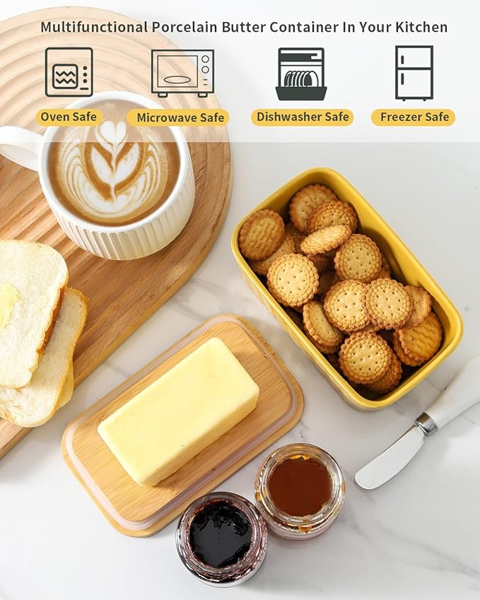 Hasense Ceramic Butter Dish with Sealing Lid, Large Yellow Butter Container for Countertop Airtight Butter Stick Covered Keeper Storage,Embossed Pattern,Easy Clean Dishwasher Safe