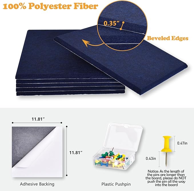Large Cork Board for Wall with Pins, 36" x 24" Bulletin Board Self-Adhesive Pin Board | Customized 6 Packs Felt Tiles for Office Home Wall Decor, Navy