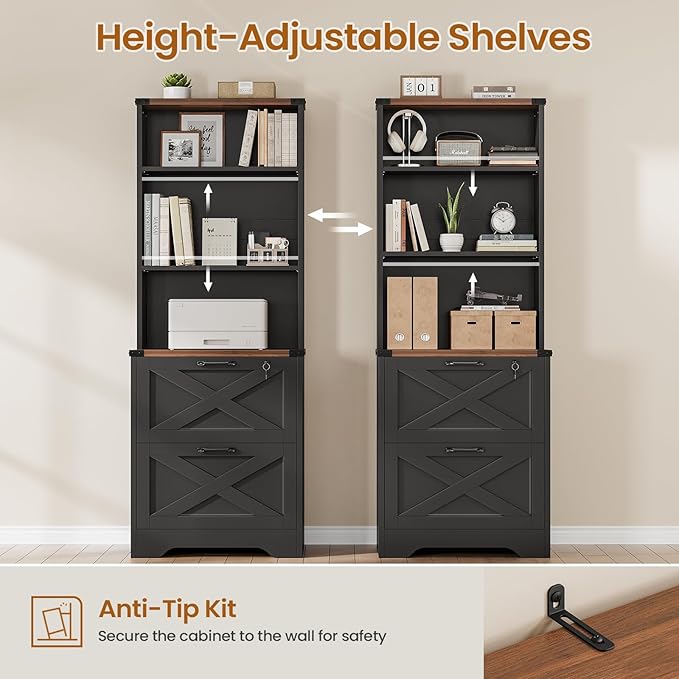 SEDETA 2 Drawer File Cabinet with Lock, Wood Filing Cabinet fits Letter, Legal, A4 Size, Hanging File Folders, Farmhouse File Cabinets for Home Office with Adjustable Storage Shelf (Black)