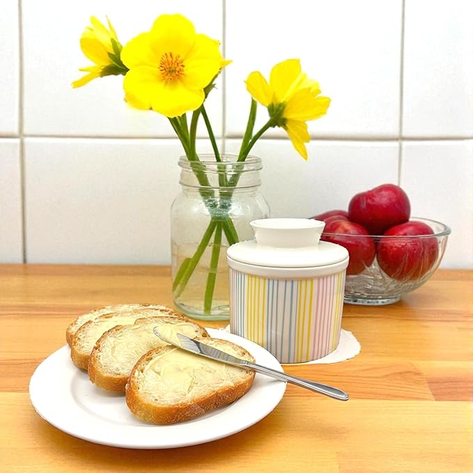 Butter Crock with Lid for Countertop, Butter Keeper Crock with Water, French Butter Dish Ceramic, Butter Holder with Lid for Spreadable Butter, Butter Container for Counter (Pastel Stripes, white)
