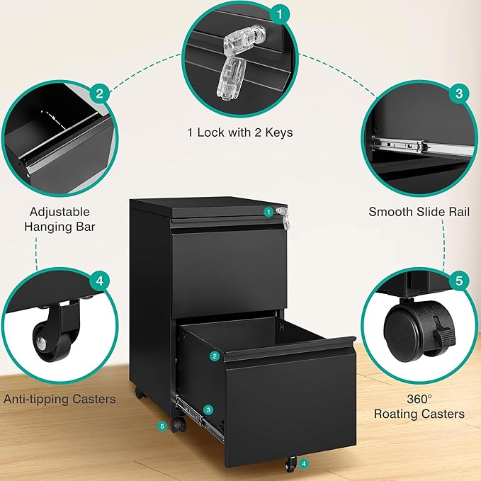 SISESOL Assembled 2 Drawer File Cabinet on Wheels,Metal Filing Cabinet with Lock,Black Rolling File Cabinets,Under Desk Office Cabinets for Home Office,Fit A4/Letter/Legal,Pre-Assembled Except Caster